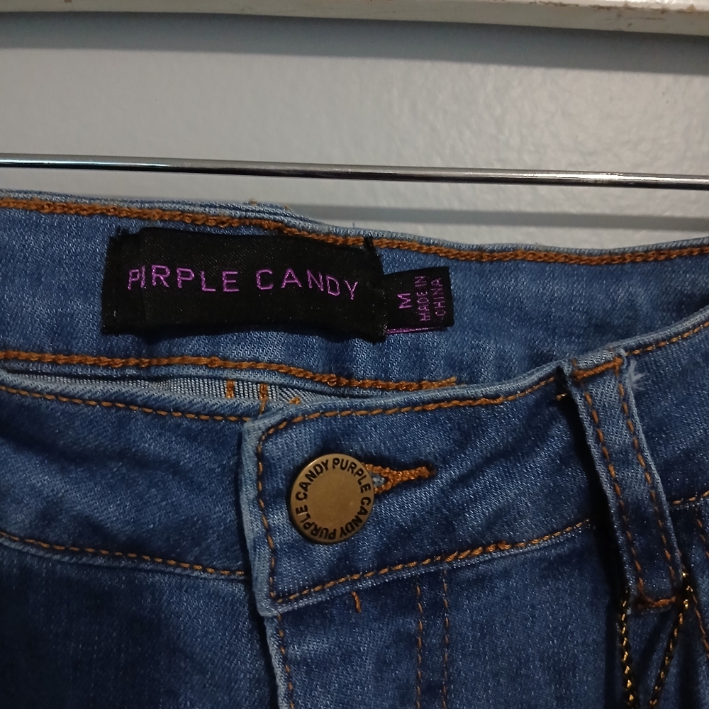 Purple Candy Blue Distressed Fringe Jeans - - Picture 3 of 3